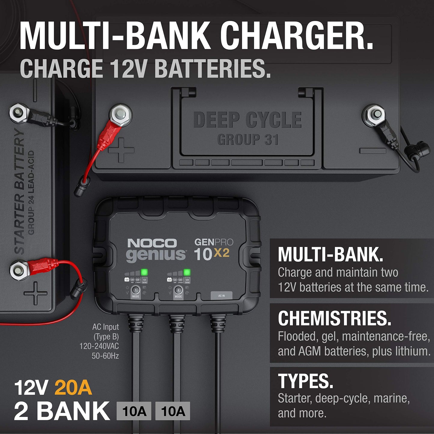 NOCO Genius GENPRO10X2, 2 bank 20A marine battery charger, waterproof, for 12V lead acid and lithium batteries with safety protection