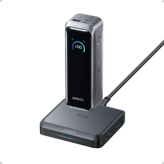 Anker Prime Power Bank with Charging Base, 20100mAh, 220W output, charges 6 devices, app control, TSA approved portable charger