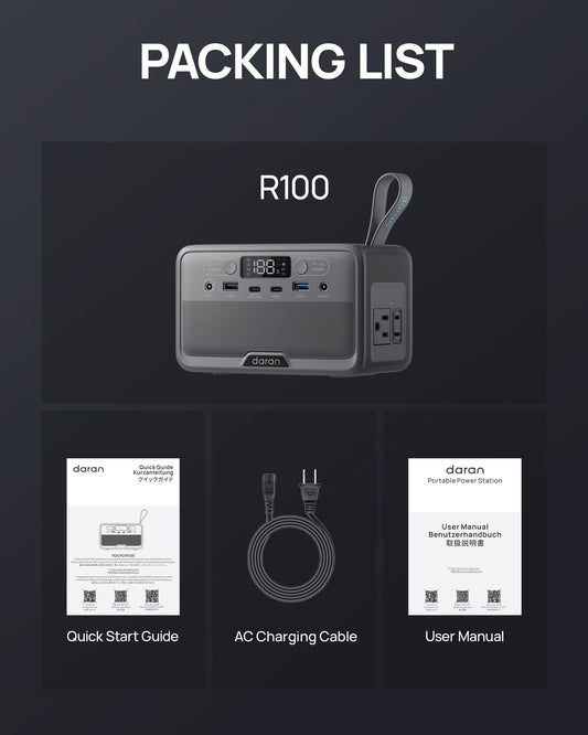 DaranEner R100 Portable Power Station, 89.6Wh LiFePO4 battery, 100W output, fast charging, compact power bank for travel and emergency