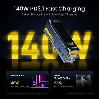 AOHI 140W PD3.1 Power Bank, 40000mAh, USB4 cable, LED display, dual high speed data transfer and 8K video support