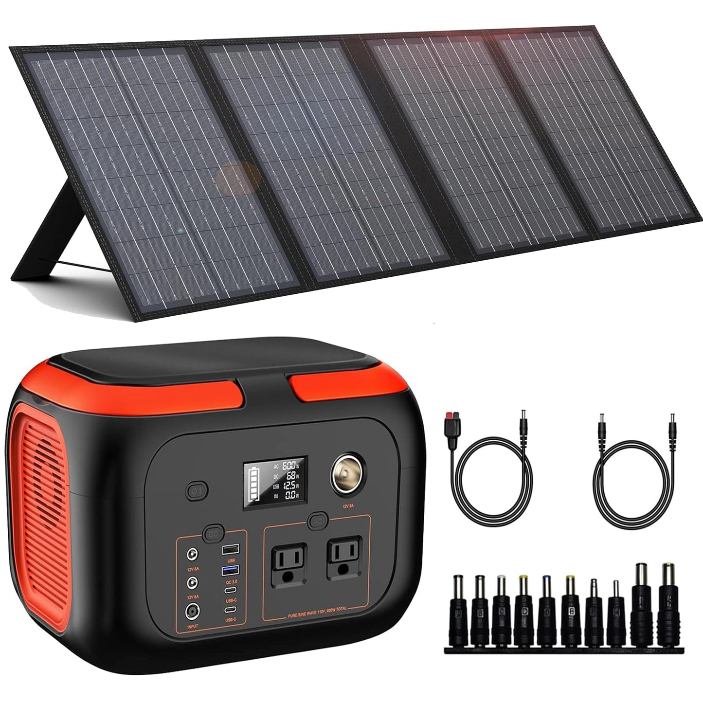 600W Portable Solar Generator with 60W panel, 296Wh backup power station with AC DC USB and USB C outputs for outdoor and home use