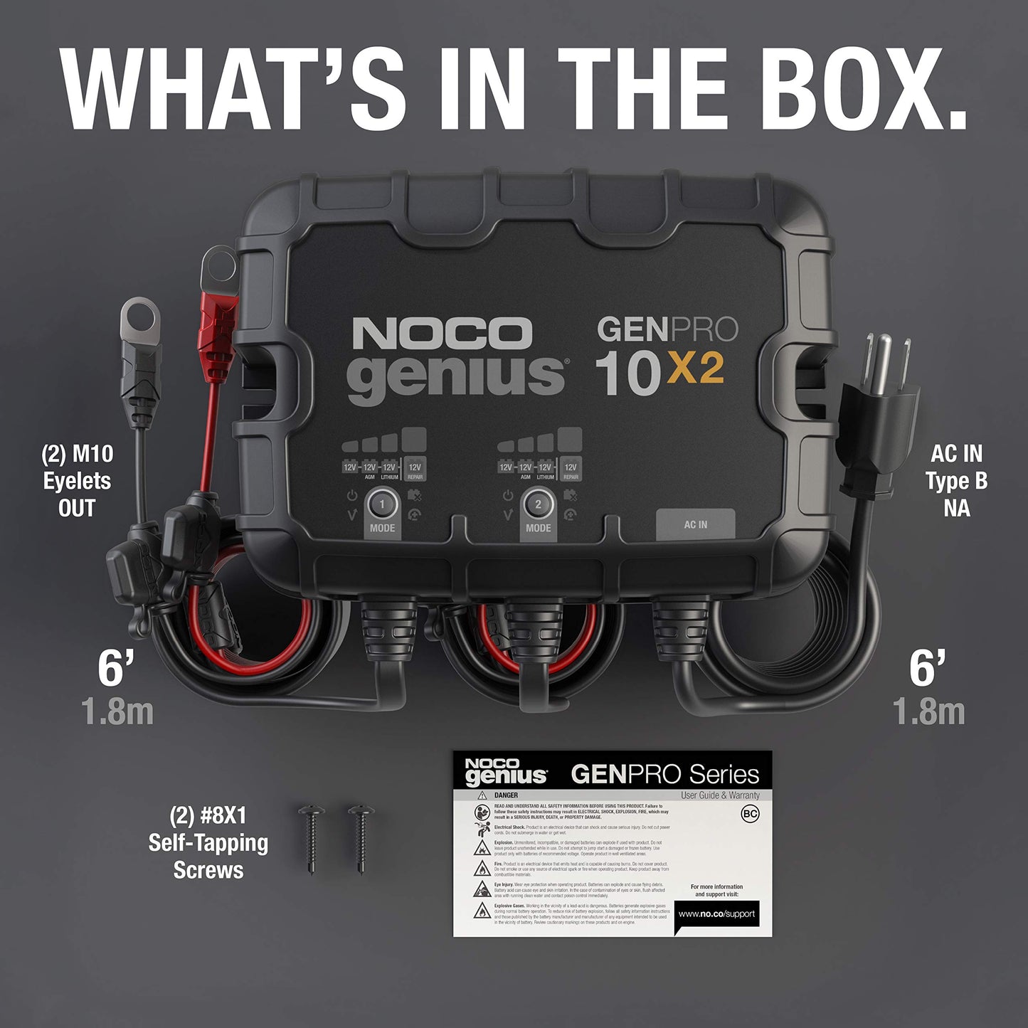 NOCO Genius GENPRO10X2, 2 bank 20A marine battery charger, waterproof, for 12V lead acid and lithium batteries with safety protection