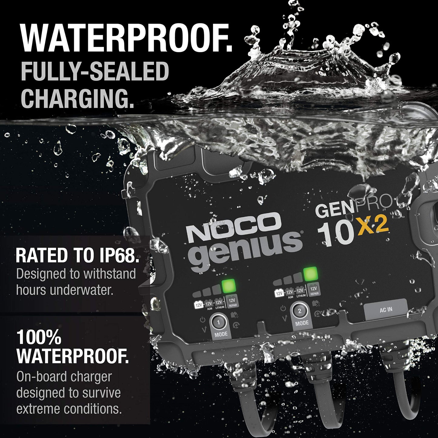 NOCO Genius GENPRO10X2, 2 bank 20A marine battery charger, waterproof, for 12V lead acid and lithium batteries with safety protection
