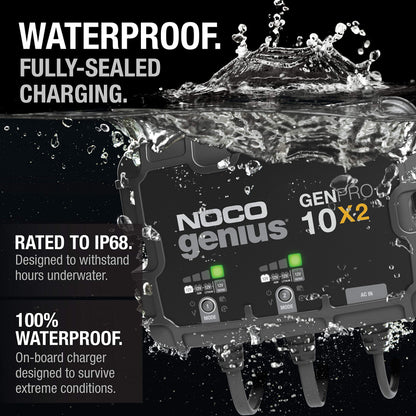 NOCO Genius GENPRO10X2, 2 bank 20A marine battery charger, waterproof, for 12V lead acid and lithium batteries with safety protection