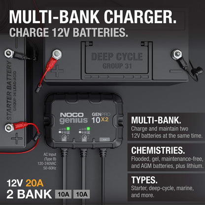 NOCO Genius GENPRO10X2, 2 bank 20A marine battery charger, waterproof, for 12V lead acid and lithium batteries with safety protection