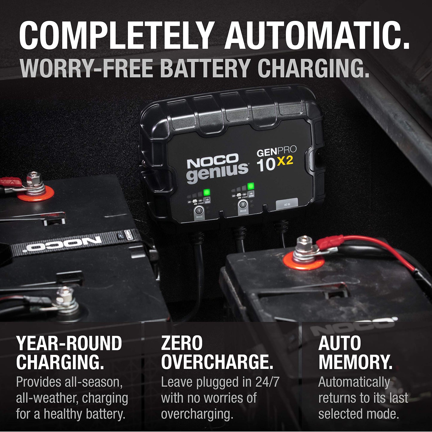 NOCO Genius GENPRO10X2, 2 bank 20A marine battery charger, waterproof, for 12V lead acid and lithium batteries with safety protection